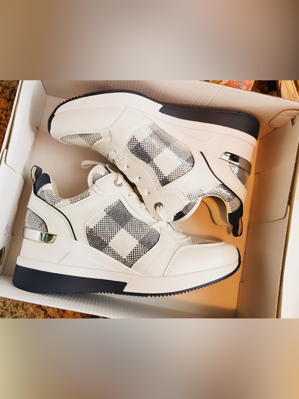 Michael Kors White and Black Plaid Platform Sneakers